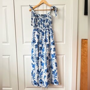 White Maxi Dress with Blue Floral Print and Tie Straps Smocked Summer SHEIN